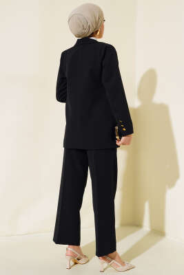 Cep Kapaklı Kruvaze Yaka Ceket Takımı Siyah - Thumbnail