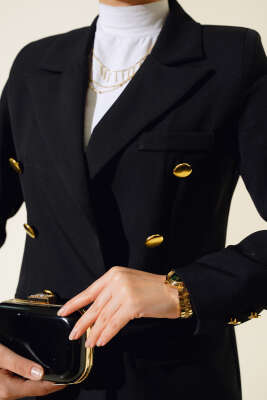 Cep Kapaklı Kruvaze Yaka Ceket Takımı Siyah - Thumbnail