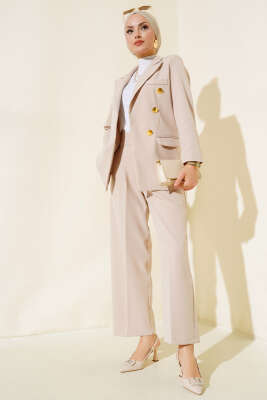 Cep Kapaklı Kruvaze Yaka Ceket Takımı Bej - Thumbnail