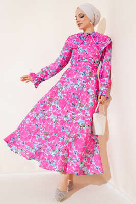 Pazarium - Bebe Yaka Kuşaklı Elbise Fusya