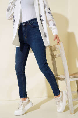 Büyük Beden Yüksek Bel Kot Pantolon Lacivert - Thumbnail