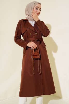 Pazarium - Sekiz Düğmeli Kuşaklı Trençkot Kahve 