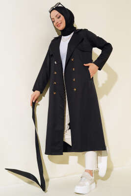 Pazarium - Sekiz Düğmeli Kuşaklı Trençkot Siyah