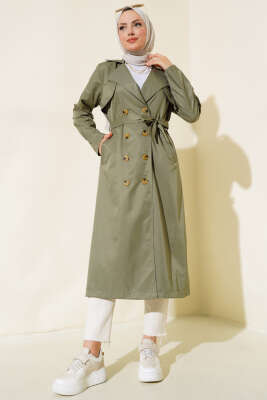 Pazarium - Sekiz Düğmeli Kuşaklı Trençkot Haki