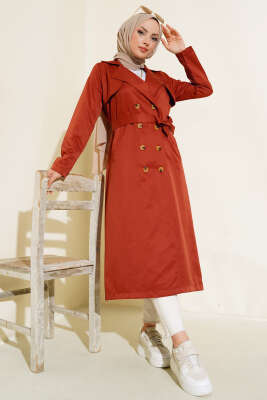 Pazarium - Sekiz Düğmeli Kuşaklı Trençkot Kiremit
