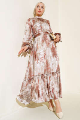 Kol Bağlamalı Saten Elbise Taba - Thumbnail