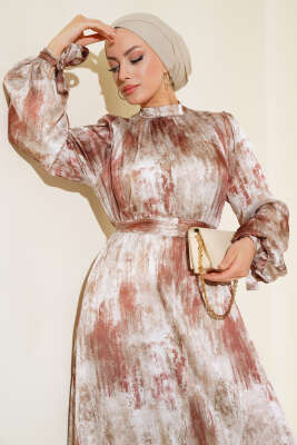 Kol Bağlamalı Saten Elbise Taba - Thumbnail