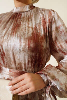 Kol Bağlamalı Saten Elbise Taba - Thumbnail