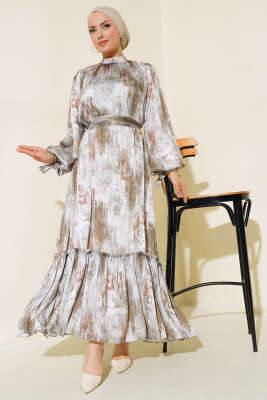 Kol Bağlamalı Saten Elbise Haki - Thumbnail