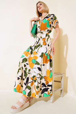 Bel Lastikli Kısa Kol Elbise Yeşil - Thumbnail