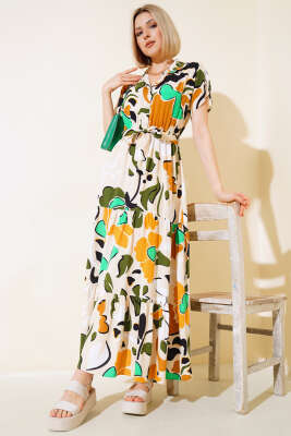 Bel Lastikli Kısa Kol Elbise Yeşil - Thumbnail