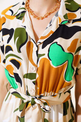 Bel Lastikli Kısa Kol Elbise Yeşil - Thumbnail