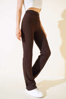 İnce Çizgili İspanyol Paça Pantolon Kahve - Thumbnail