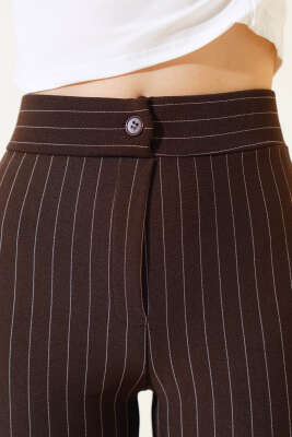 İnce Çizgili İspanyol Paça Pantolon Kahve - Thumbnail