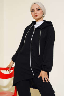 Fermuarlı Kapüşonlu Salaş İkili Takım Siyah - Thumbnail