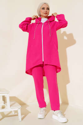 Fermuarlı Kapüşonlu Salaş İkili Takım Fuşya - Thumbnail