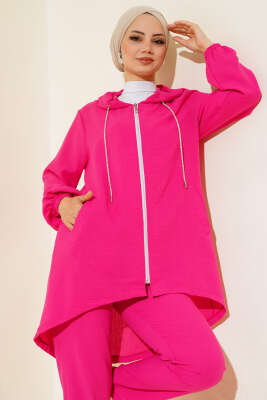 Fermuarlı Kapüşonlu Salaş İkili Takım Fuşya - Thumbnail