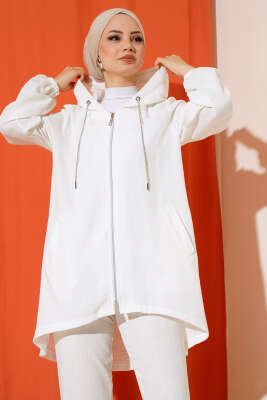 Fermuarlı Kapüşonlu Salaş İkili Takım Beyaz - Thumbnail