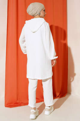 Fermuarlı Kapüşonlu Salaş İkili Takım Beyaz - Thumbnail