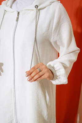 Fermuarlı Kapüşonlu Salaş İkili Takım Beyaz - Thumbnail