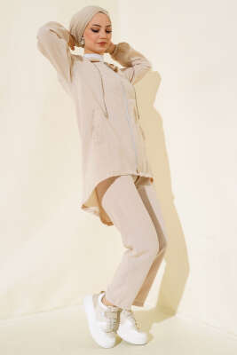 Pazarium - Fermuarlı Kapüşonlu Salaş İkili Takım Bej