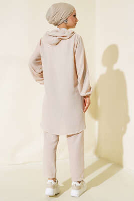 Fermuarlı Kapüşonlu Salaş İkili Takım Bej - Thumbnail