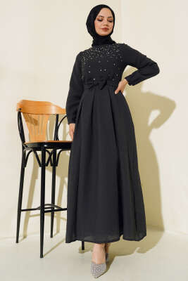 Önü Taşlı Elbise Siyah - Thumbnail