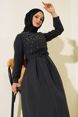 Önü Taşlı Elbise Siyah - Thumbnail