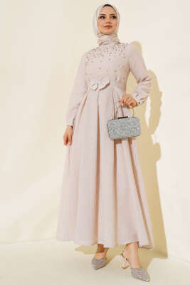 Önü Taşlı Elbise Bej - Thumbnail