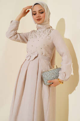 Önü Taşlı Elbise Bej - Thumbnail