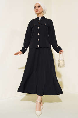 Pazarium - Cep Kapak Detaylı İkili Takım Siyah