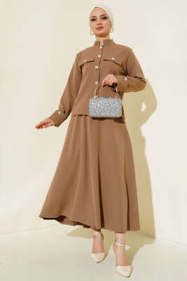 Pazarium - Cep Kapak Detaylı İkili Takım Latte