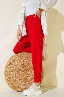 Pazarium - Paça Düğmeli Salaş Pantolon Kırmızı