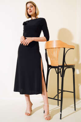 Yırtmaçlı Etekli İkili Takım Siyah - Thumbnail