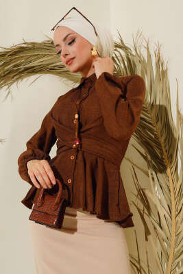 Pazarium - Önü Bağlamalı Gömlek Kestane