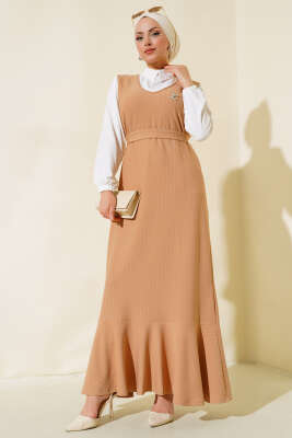 Pazarium - Çizgili Gömlekli Elbise Camel