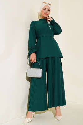 Pazarium - Piliseli Pantolonlu İkili Takım Zümrüt