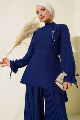 Pazarium - Piliseli Pantolonlu İkili Takım Lacivert