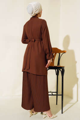 Piliseli Pantolonlu İkili Takım Kahve - Thumbnail