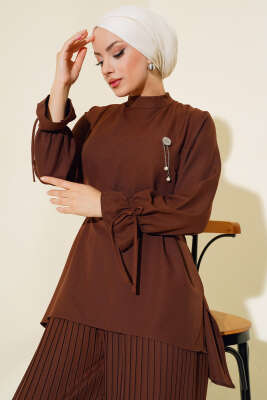 Piliseli Pantolonlu İkili Takım Kahve - Thumbnail