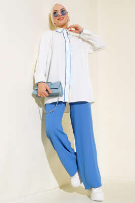 Pazarium - Dikiş Detaylı İkili Takım Mavi