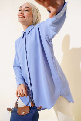 Pazarium - Manşet ve Yaka Taşlı Gömlek Mavi