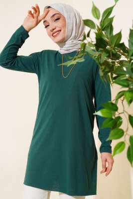 Düz Uzun Kol Tunik Zümrüt - Thumbnail