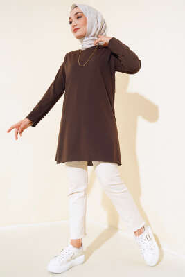 Düz Uzun Kol Tunik Kahve - Thumbnail