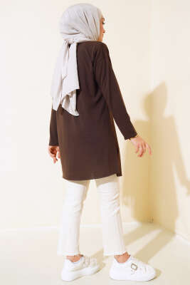 Düz Uzun Kol Tunik Kahve - Thumbnail