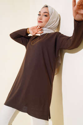 Düz Uzun Kol Tunik Kahve - Thumbnail