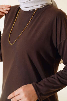 Düz Uzun Kol Tunik Kahve - Thumbnail