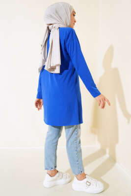 Düz Uzun Kol Tunik Saks - Thumbnail