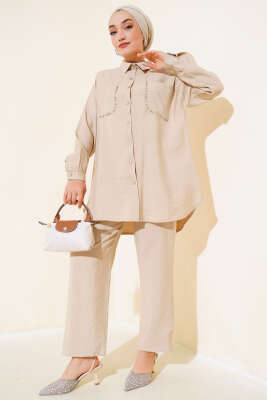 Pazarium - Cepleri Taşlı Tensel İkili Takım Bej