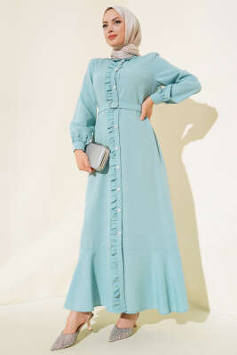 Pazarium - Boydan Fırfırlı Elbise Mint